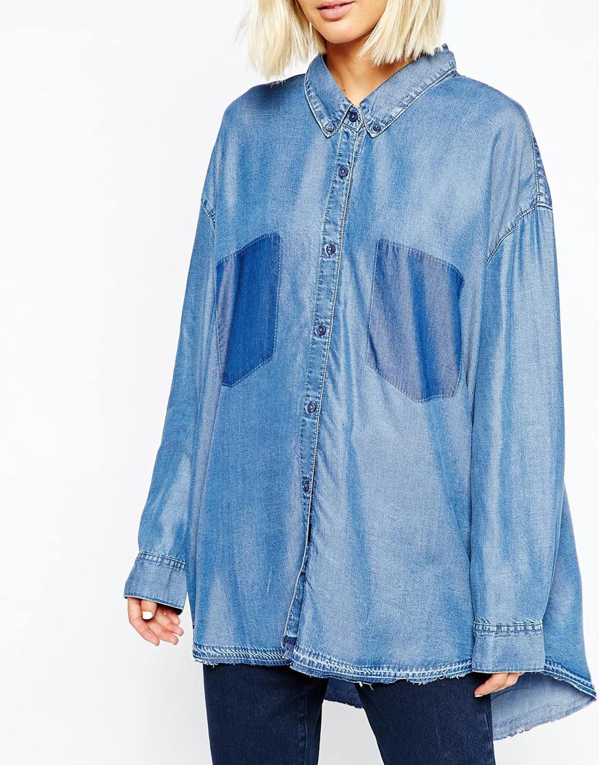 Cheap monday Distressed Tencel Denim Shirt in Blue | Lyst