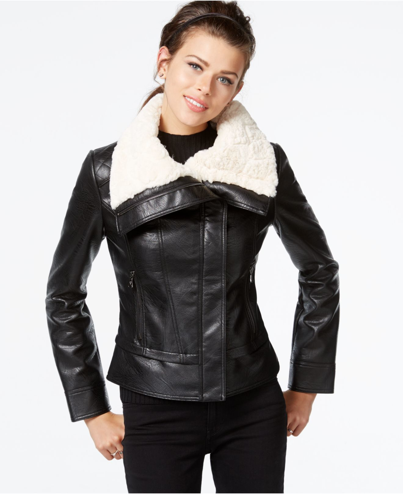 Lyst Guess Faux Fur Collar Faux Leather Jacket In Black