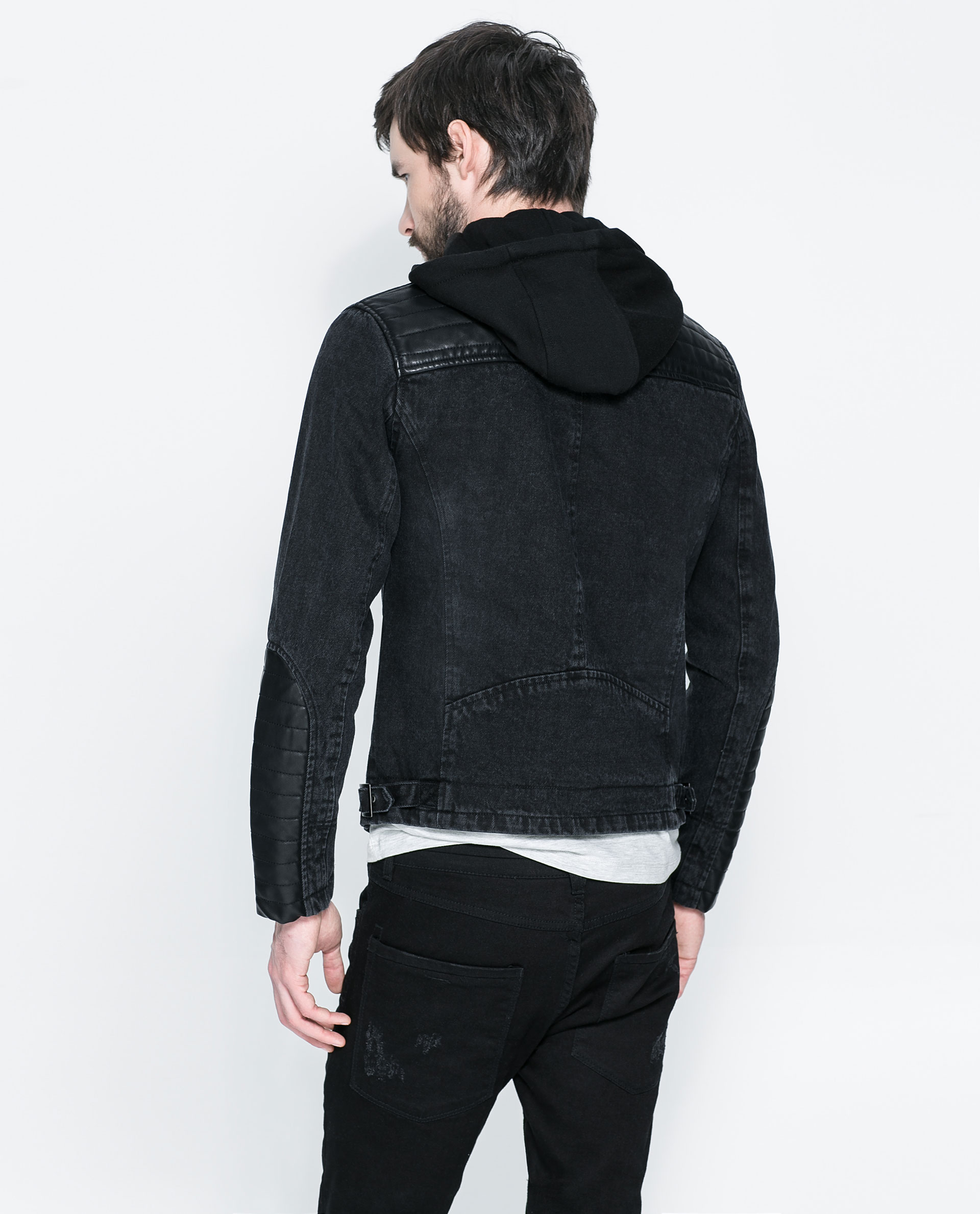 Zara Denim Biker Jacket with Details and Hood in Black for Men | Lyst