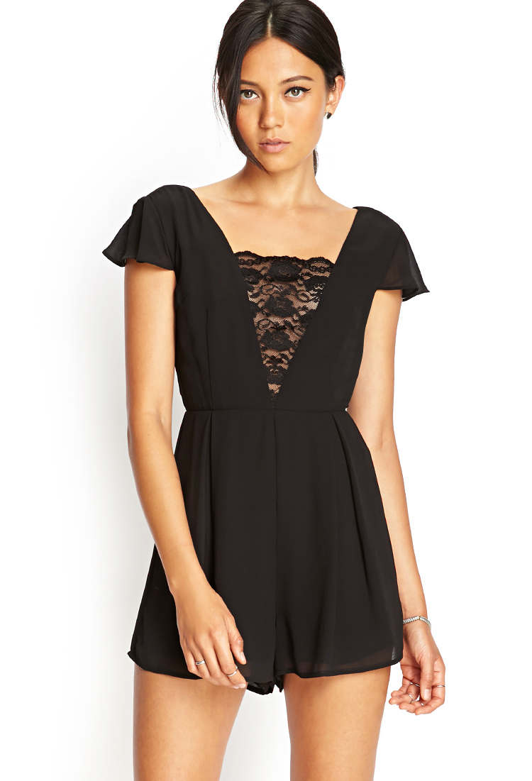 Lyst - Forever 21 Pleated Floral Lace Romper in Black