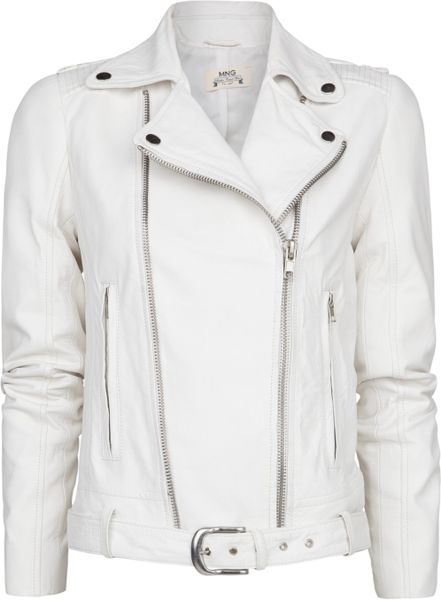 Mango Leather Biker Jacket in White | Lyst
