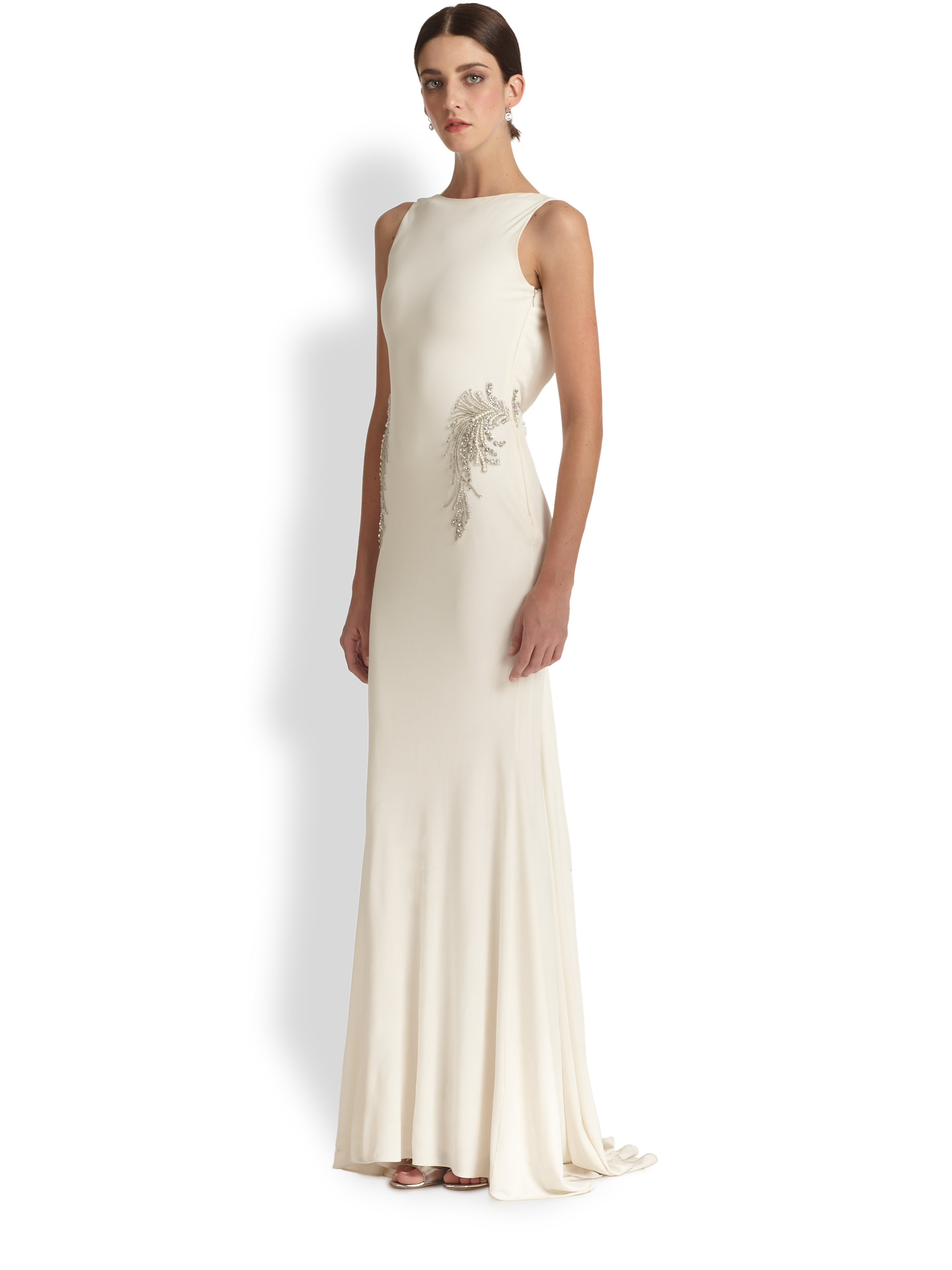 Lyst - Badgley Mischka Beaded Back-Drape Gown in Natural