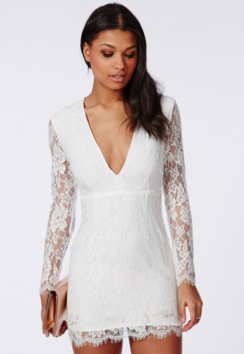 Lyst - Missguided Lace Long Sleeve Bodycon Dress White in White