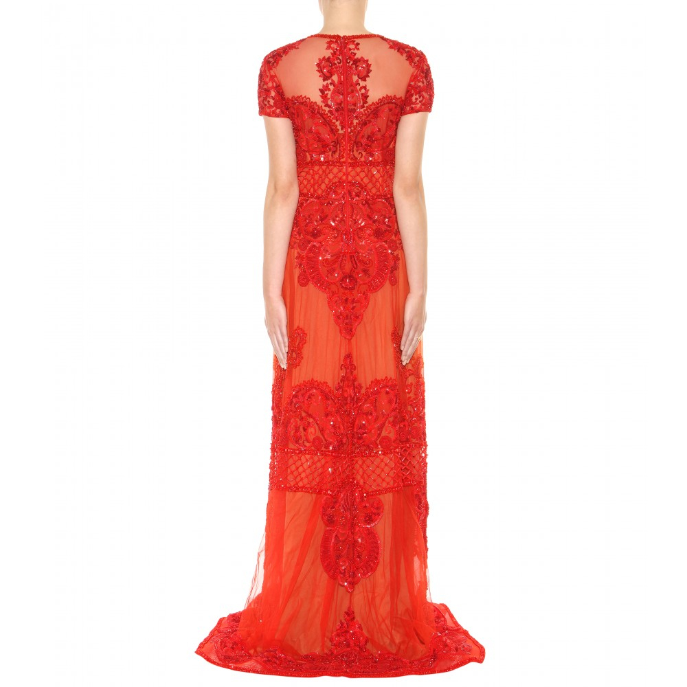 red embellished gown