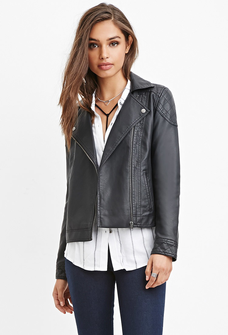 Forever 21 Quilted Faux Leather Moto Jacket In Black Lyst