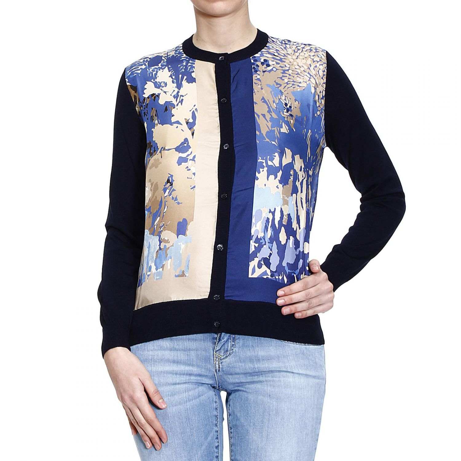 Lyst - Ferragamo Sweater Knit Cardigan With Silk Printed In Front in Blue