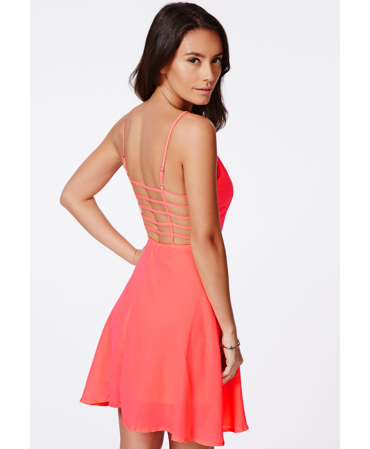 Lyst - Missguided Paula Neon Coral Chiffon Caged Back Skater Dress in Pink