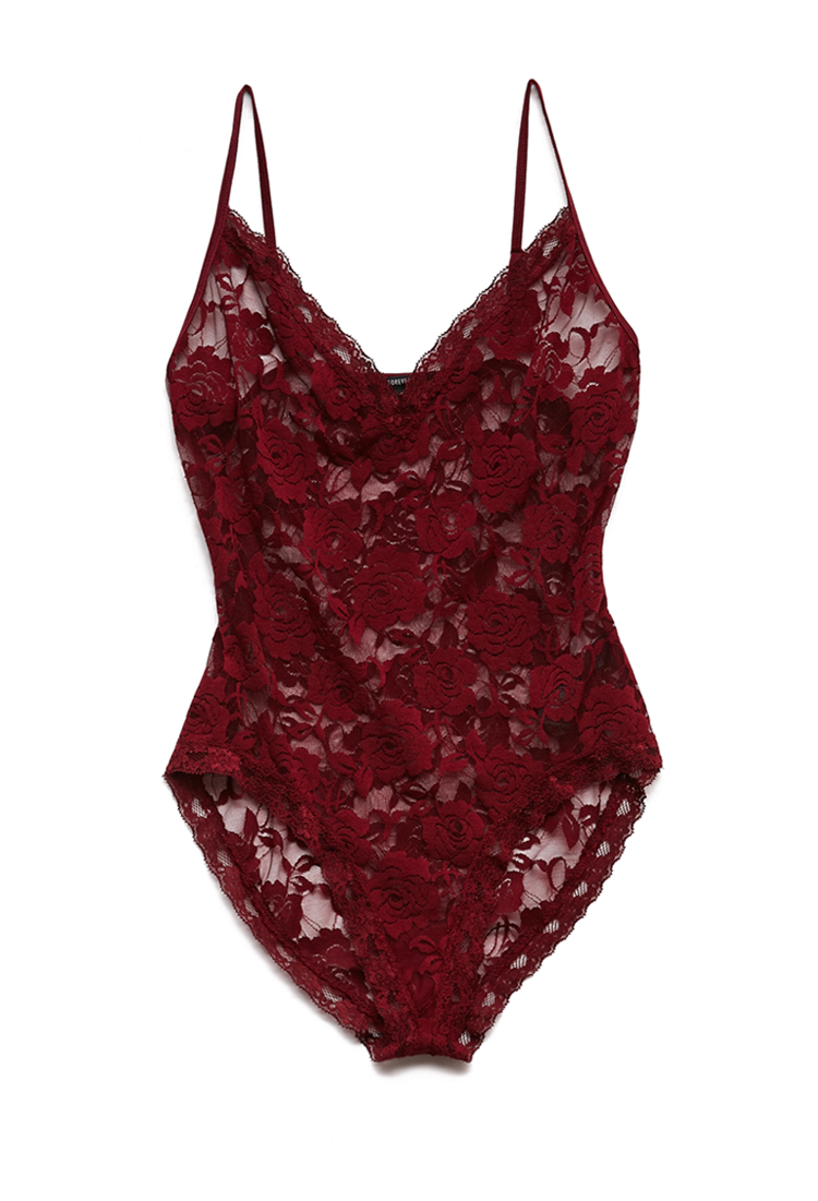 Forever 21 Sheer Lace Bodysuit in Red | Lyst