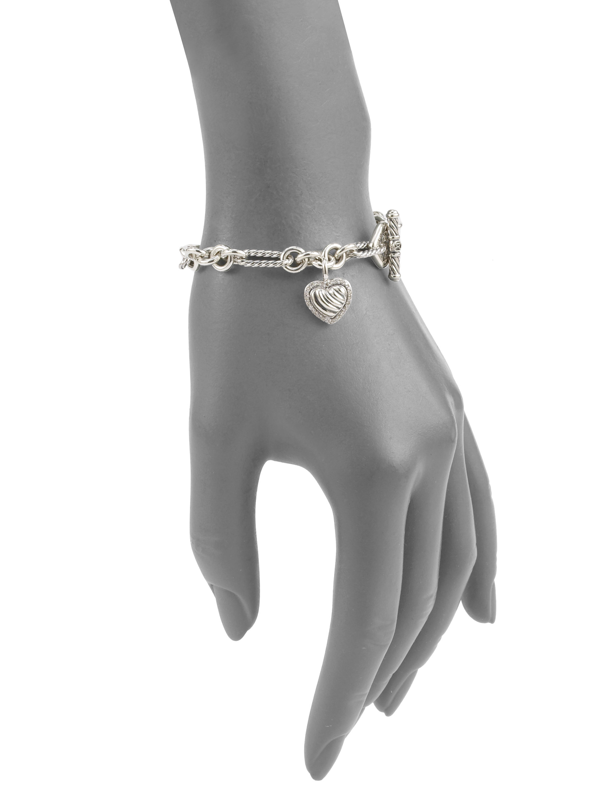 Lyst David Yurman Cable Heart Charm Bracelet With Diamonds In Metallic Gallery