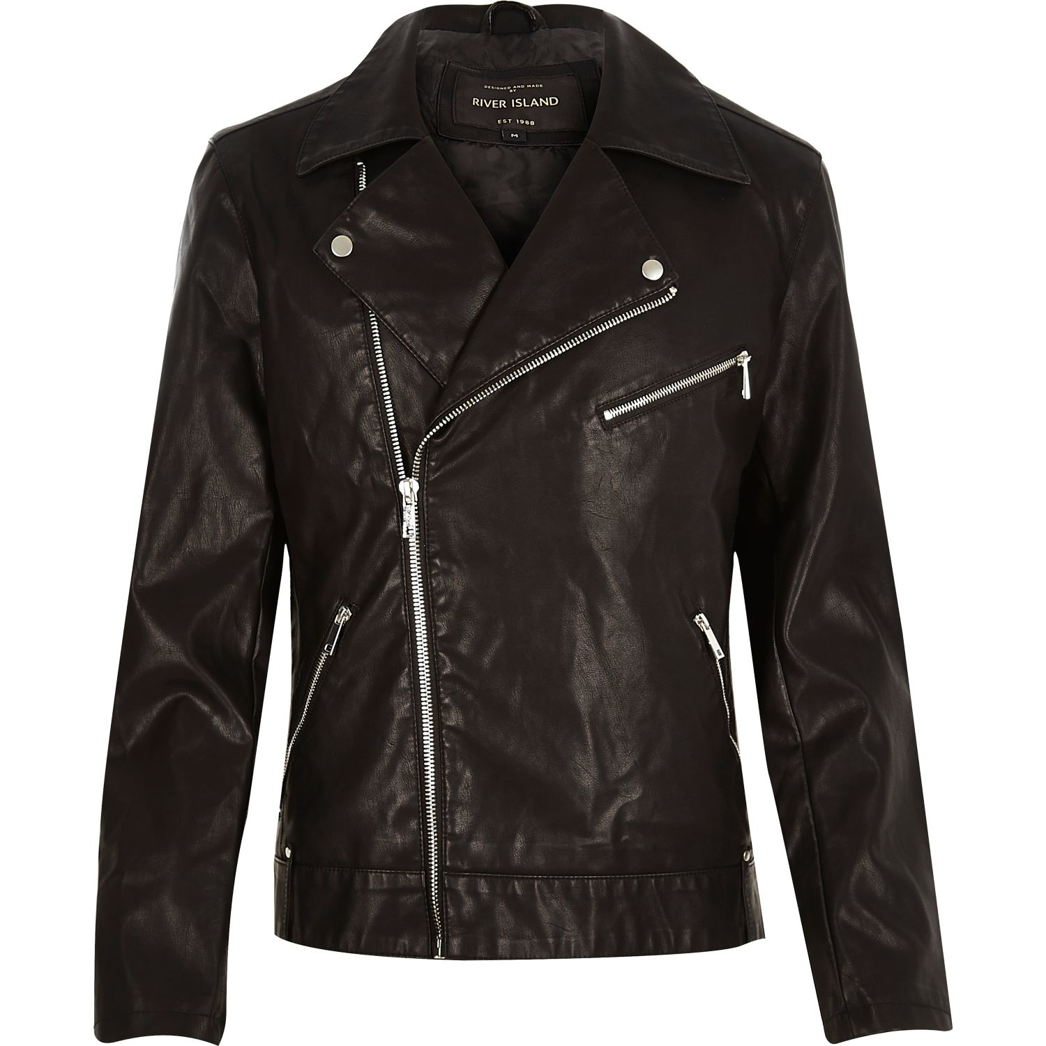 River island Black Leather-look Biker Jacket in Black for Men | Lyst