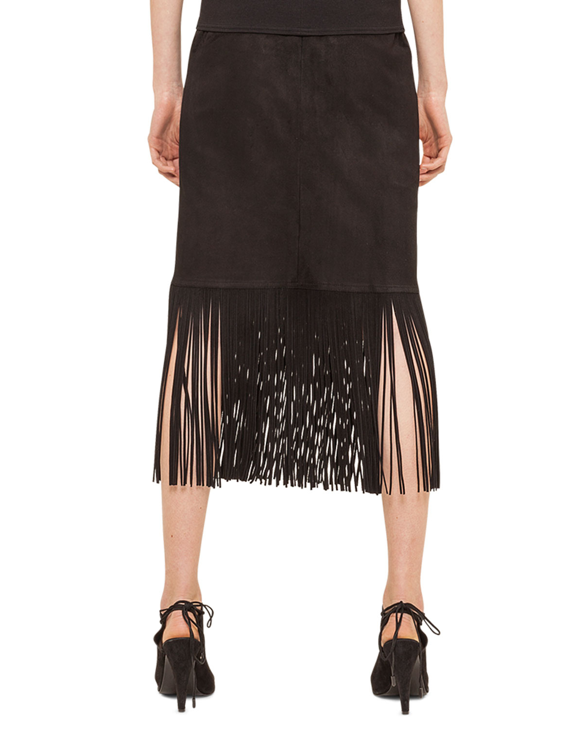 Lyst - Akris Punto Long-Fringe Trimmed Suede Pencil Skirt in Black