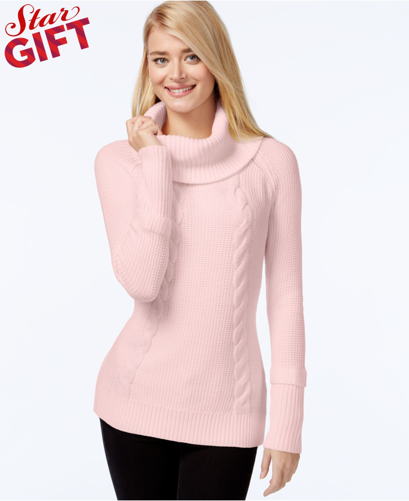Calvin klein Cowl-neck Cable-knit Sweater in Pink | Lyst