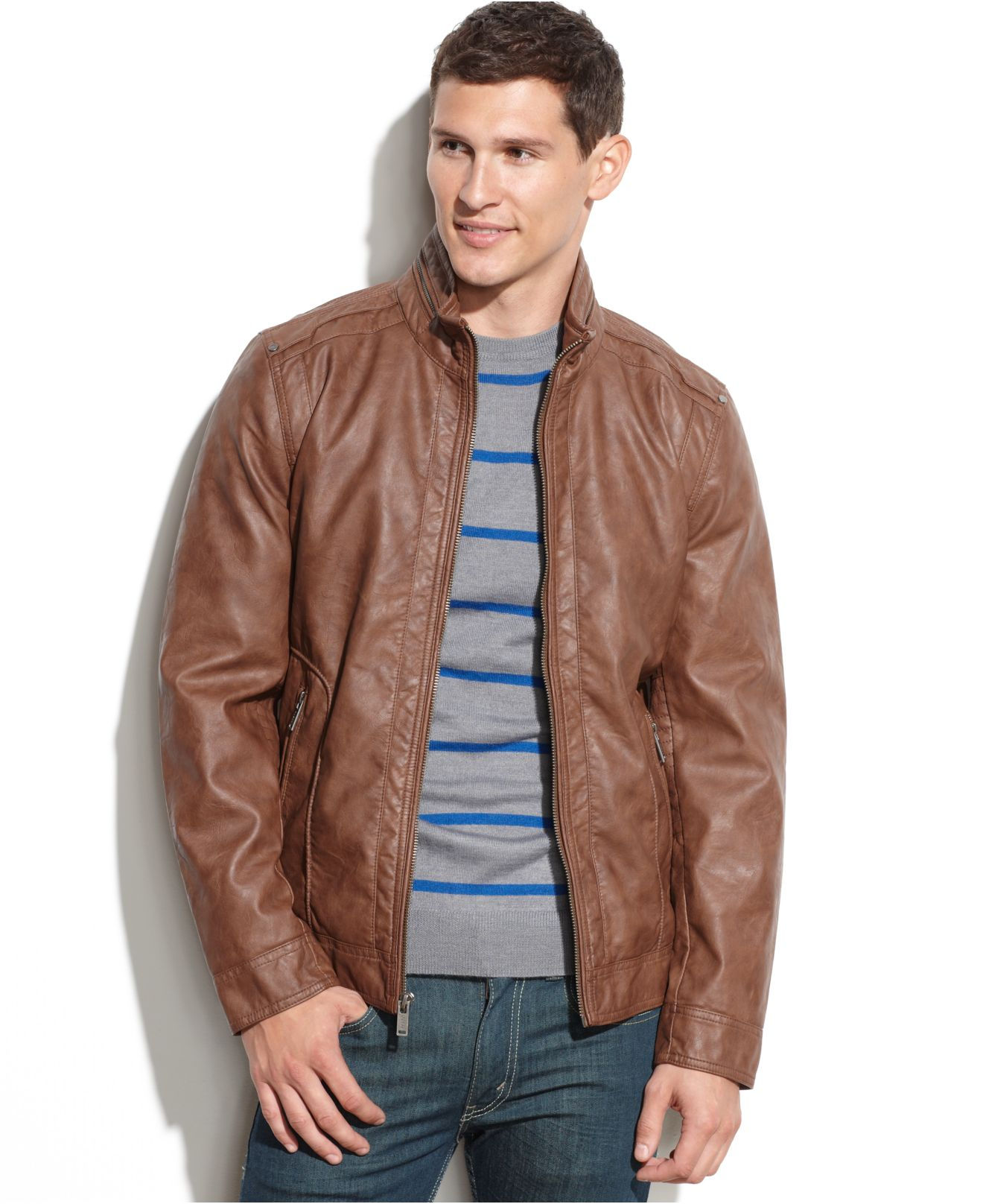 Lyst Guess Lightweight Faux Leather Moto Jacket In Brown For Men Gallery