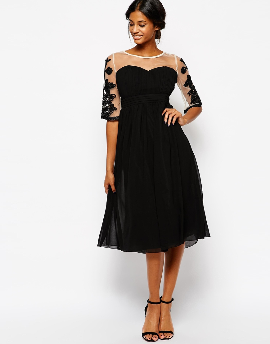 Little mistress Midi Prom Dress  With Embroidered Sleeves 