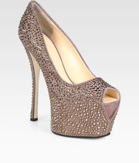Giuseppe Zanotti Crystal-Coated Suede Platform Pumps in Silver (TAUPE ...