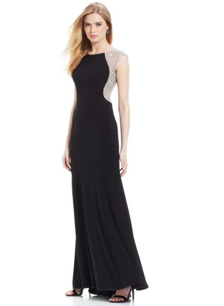 Xscape Petite Cap-Sleeve Jewel-Back Gown in Silver (Black) | Lyst