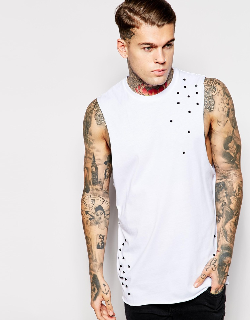 Lyst - Asos Sleeveless T-shirt With Dropped Armhole And Studs in White ...