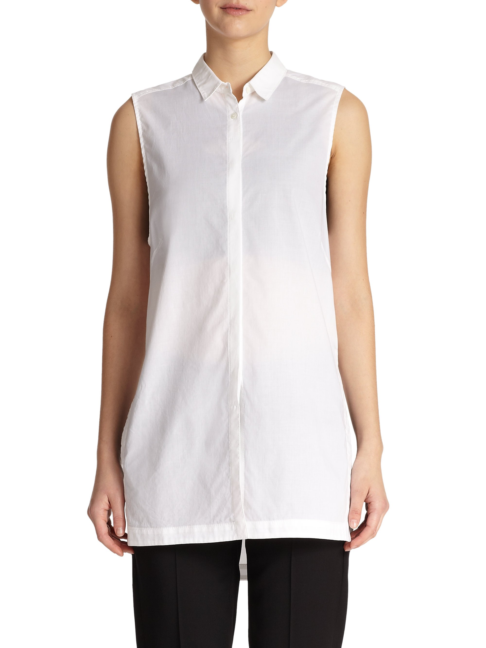 Helmut lang Sleeveless Cotton Tunic Blouse in White | Lyst