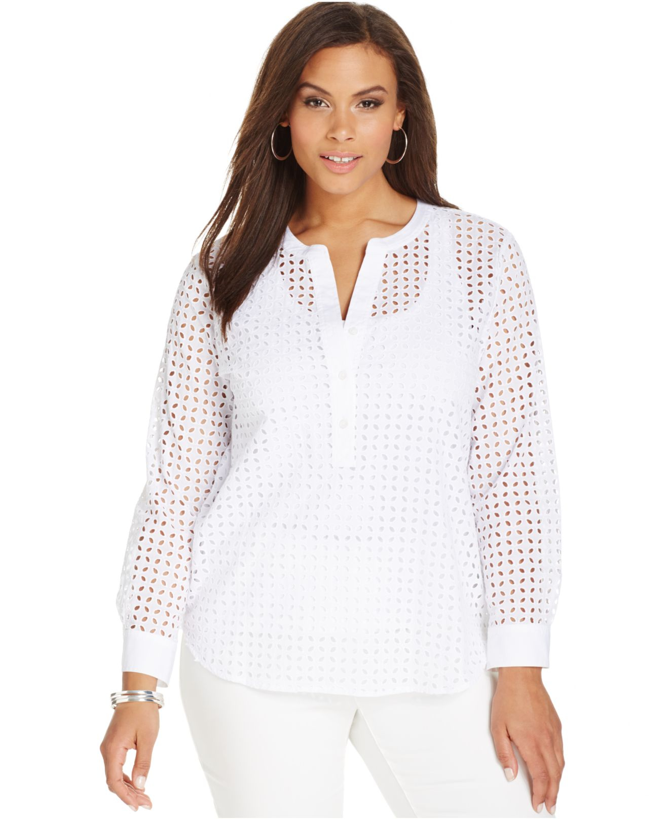 Lyst Michael Kors Michael Plus Size Long Sleeve Eyelet Blouse In White 