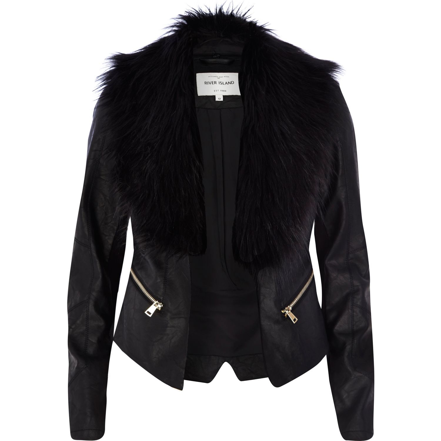 River Island Black Leather Look Faux Fur Collar Jacket in Black - Lyst