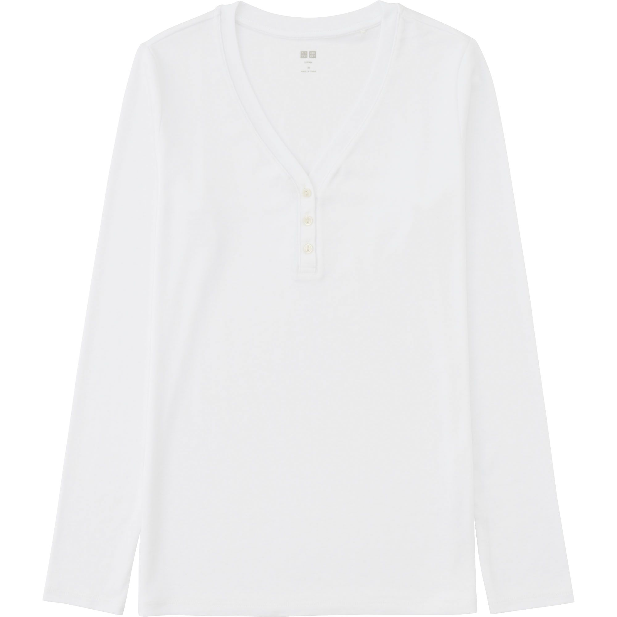 Uniqlo Women Supima Cotton Modal Henley Neck Long Sleeve T-Shirt in White