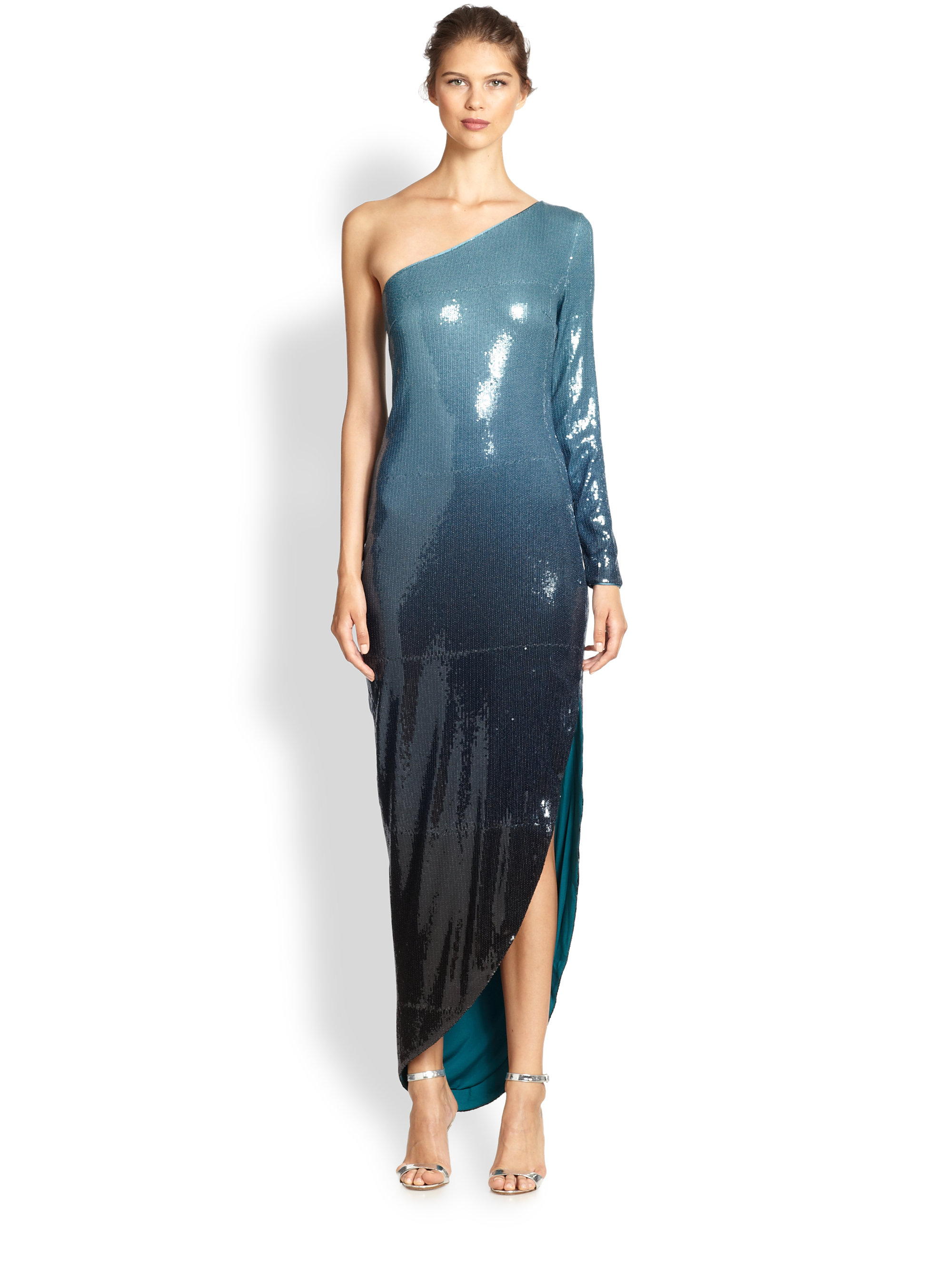 Lyst - Halston One-Shoulder Sequined Gown in Blue