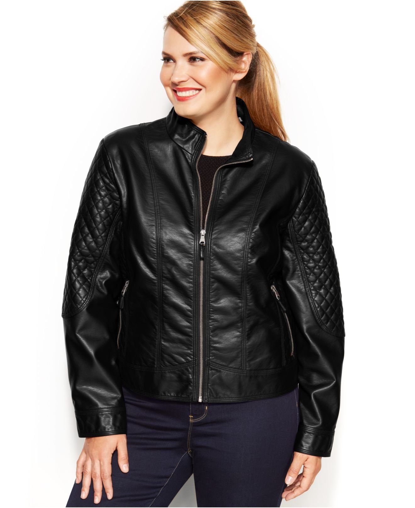 Lyst Jessica Simpson Plus Size Faux Leather Quilted Moto Jacket In Black 