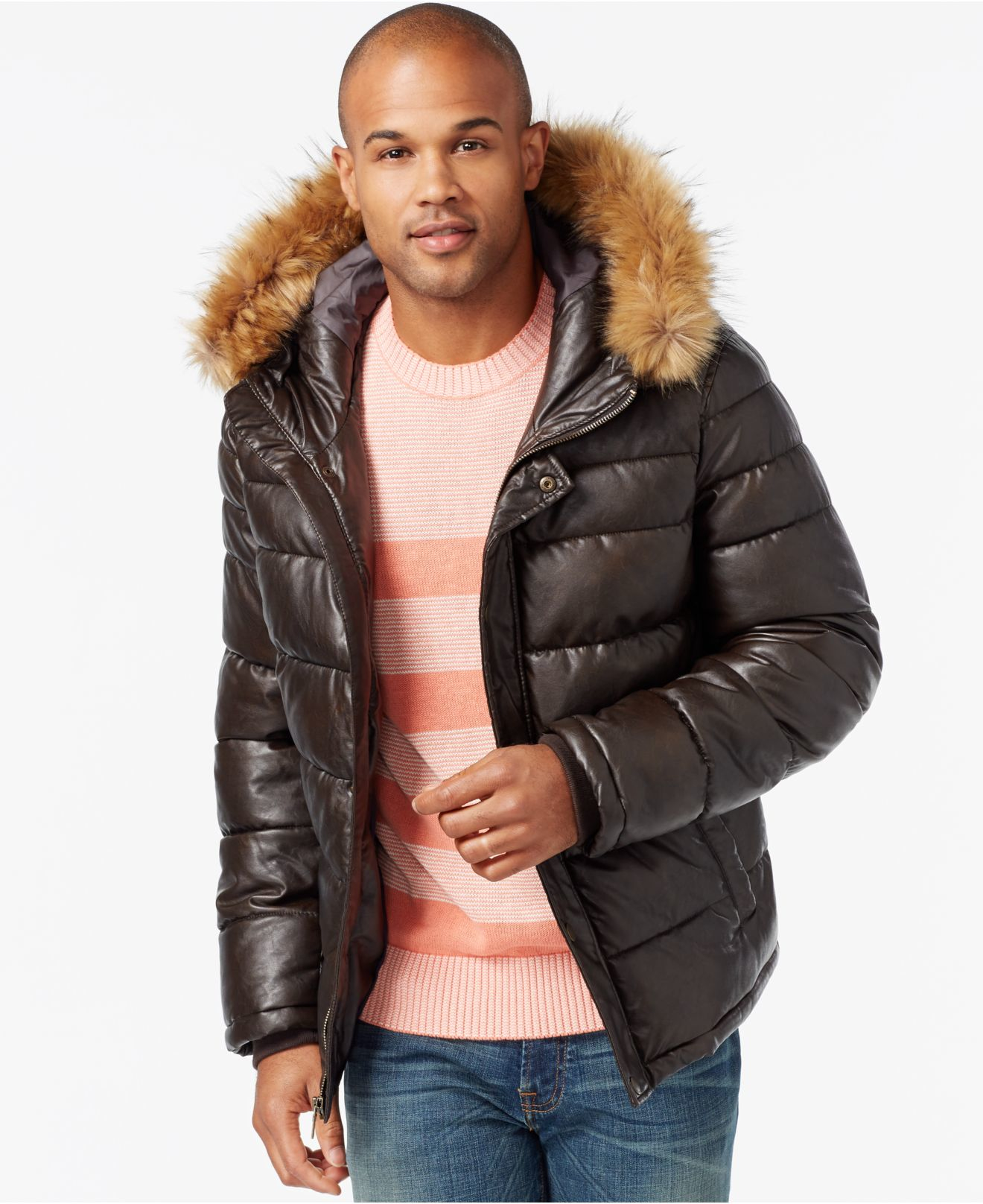 Tommy Hilfiger Brown Big Tall Faux Leather Puffer Hoo Jacket For Men
