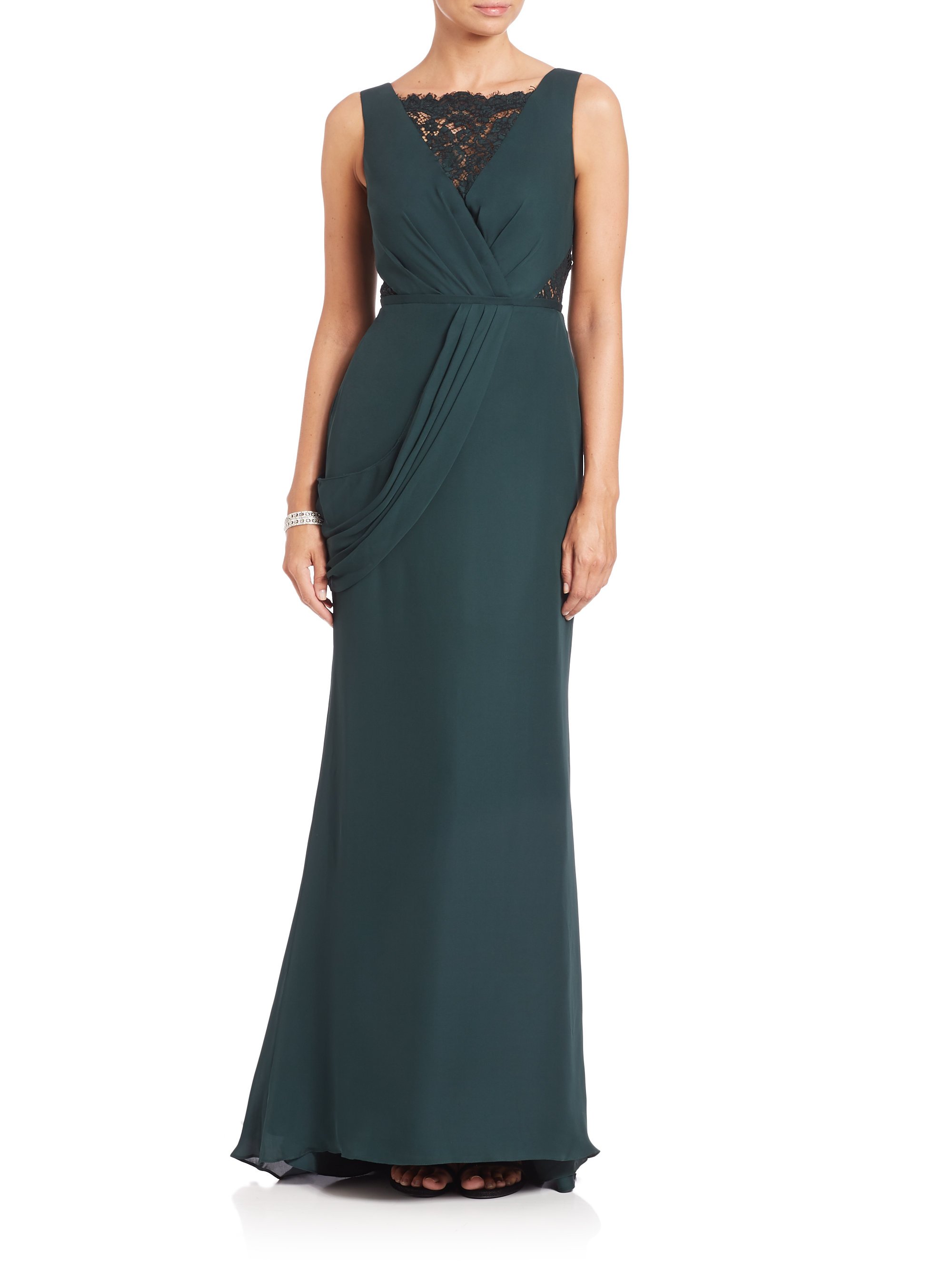 Lyst - Pamella Roland Silk Georgette & Lace Gown in Green