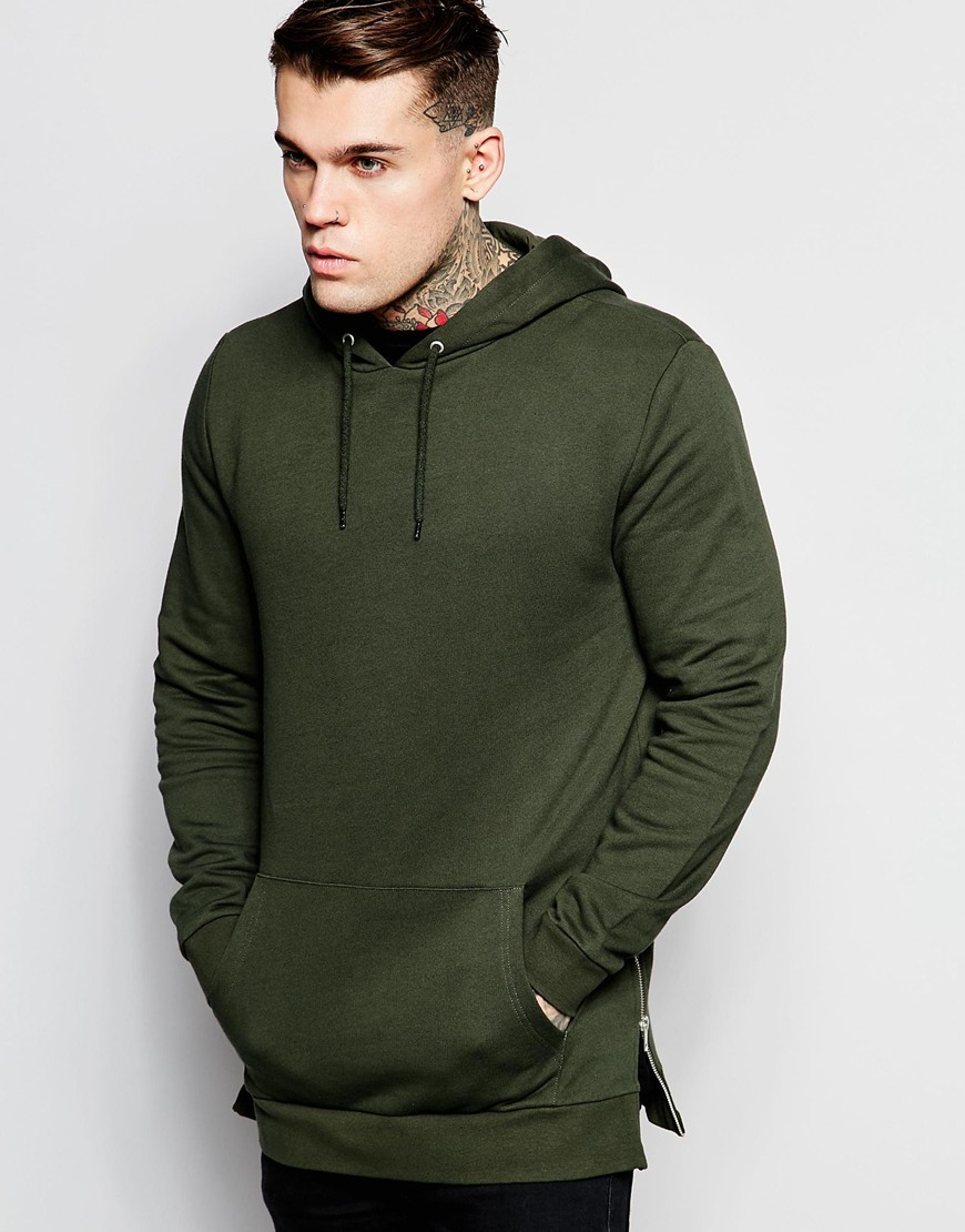 Asos Longline Hoodie With Zips In Khaki in Green for Men | Lyst