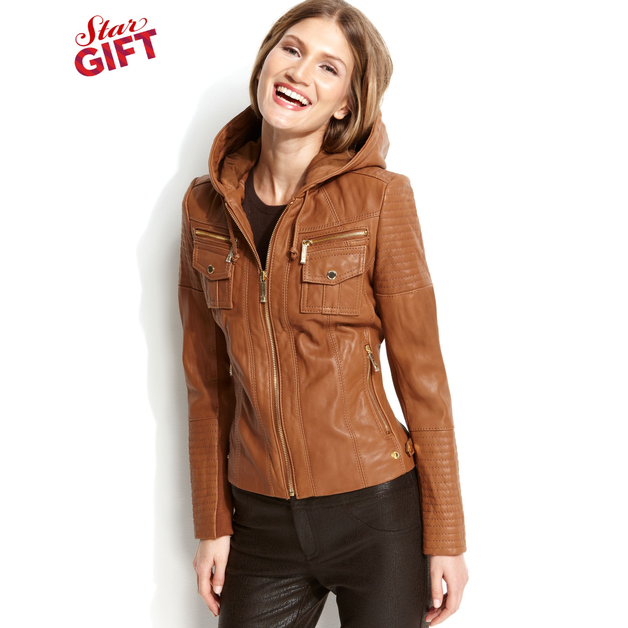 Michael kors Leather Hooded Quilted Jacket in Brown Lyst