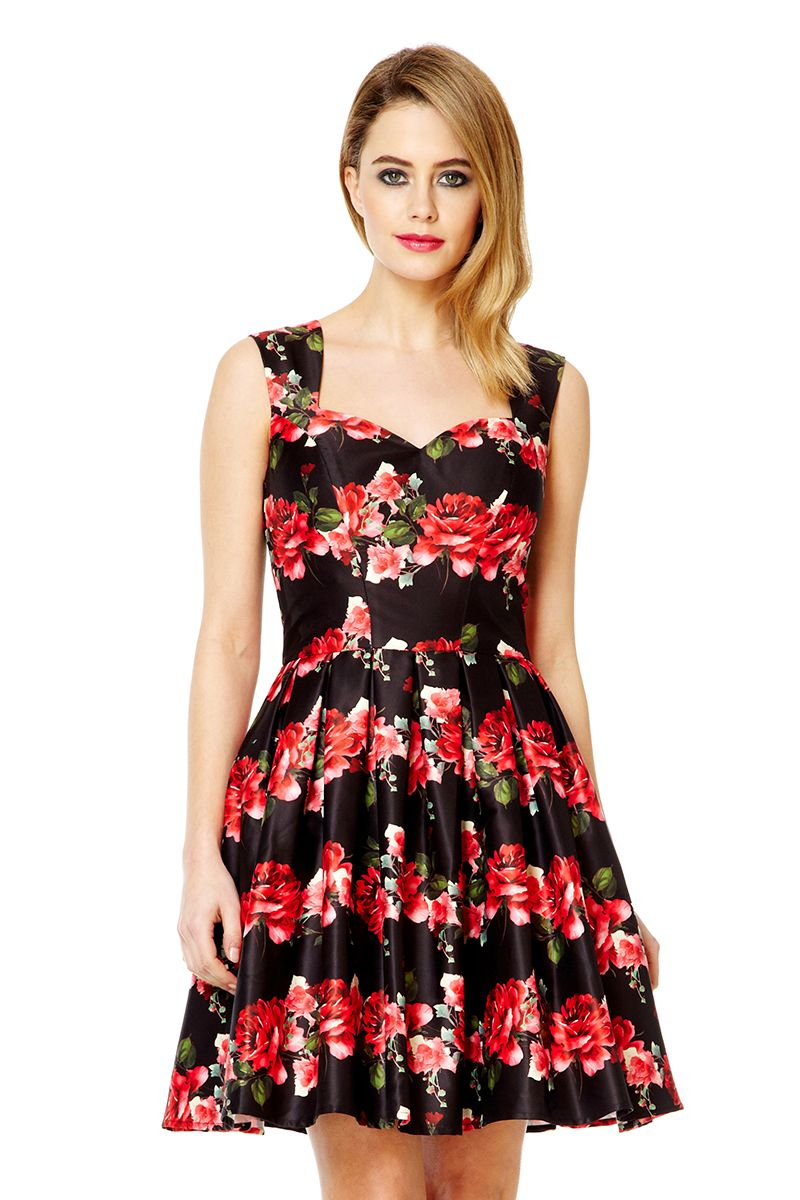 Quiz Black  Satin Rose  Print Prom  Dress  in Red  Lyst