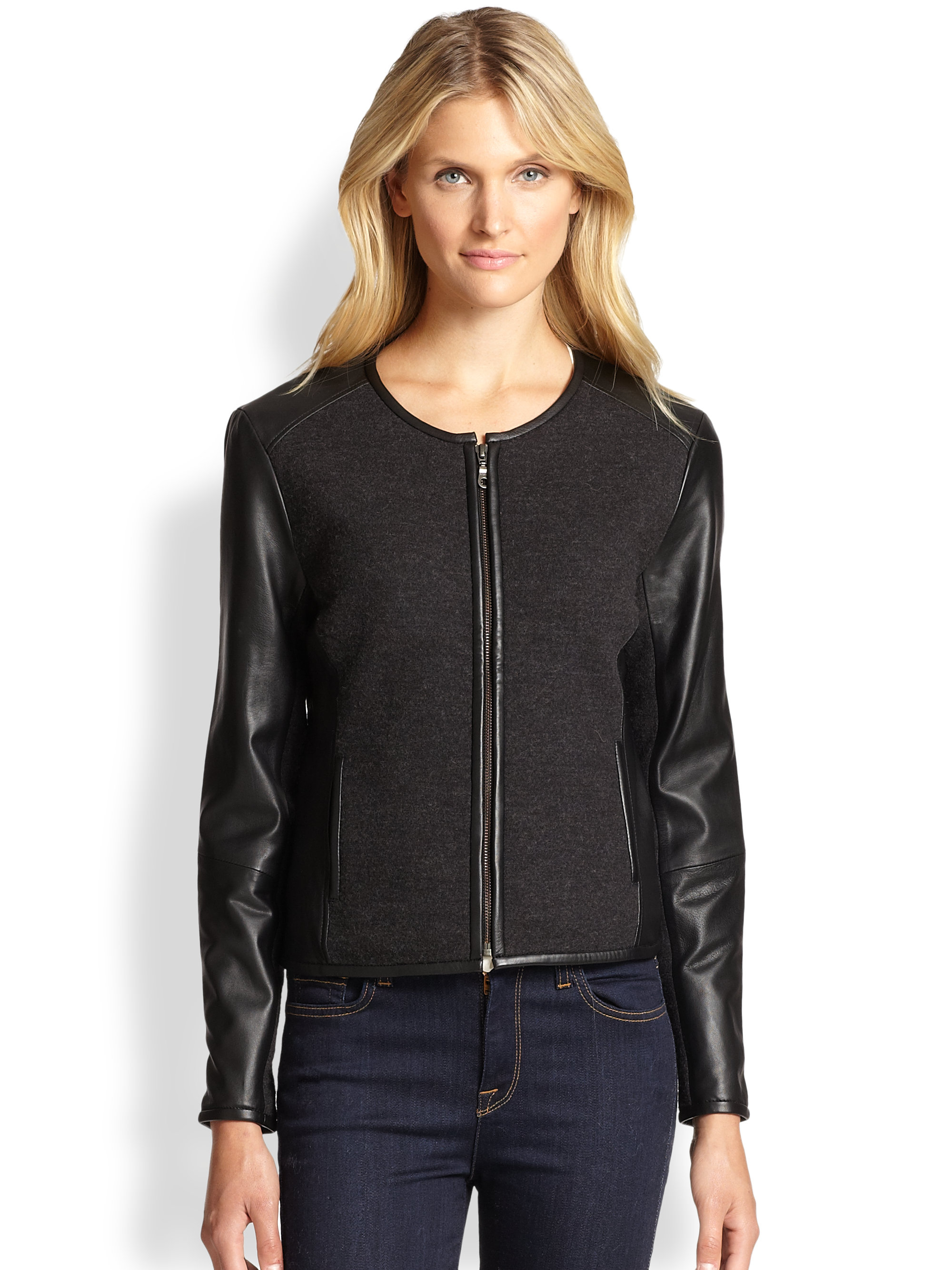 Lyst - Eileen Fisher Merino & Leather Jacket in Black