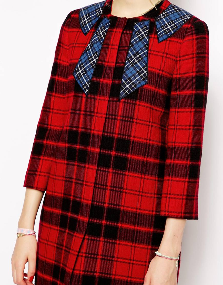 Lyst Love Moschino Coat In Tartan With Contrast Bow Applique in Red
