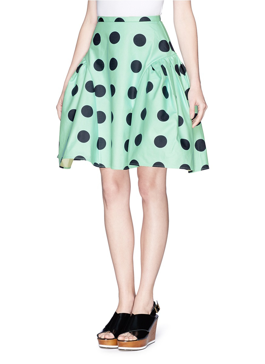 Chictopia Polka Dot Print Ruche Flare Skirt in Green | Lyst