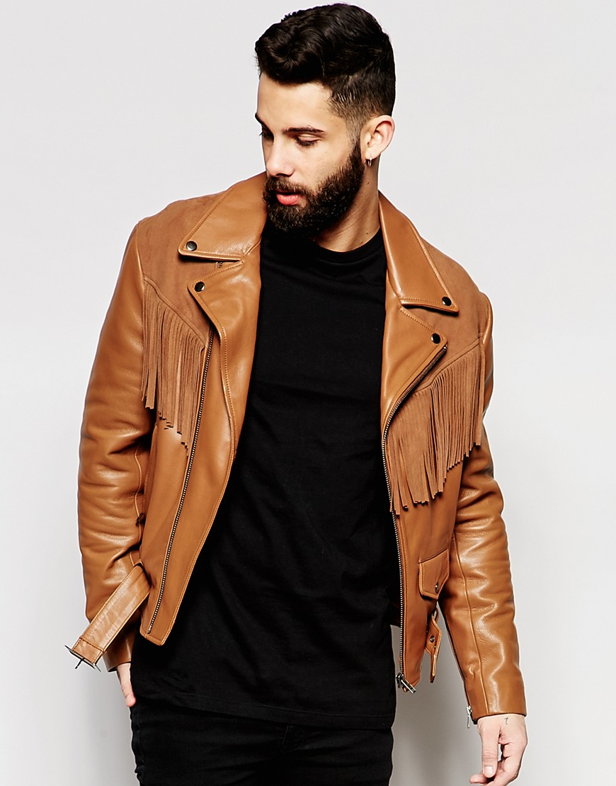 Asos Leather Jacket With Suede Fringe Detailing In Tan Gallery