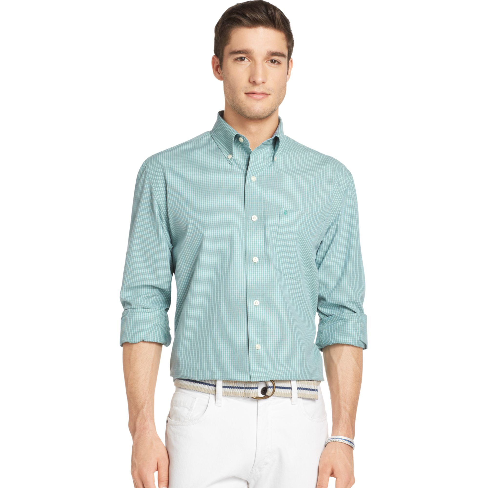Izod Long Sleeve Essential Small Check Shirt in Green for Men ...