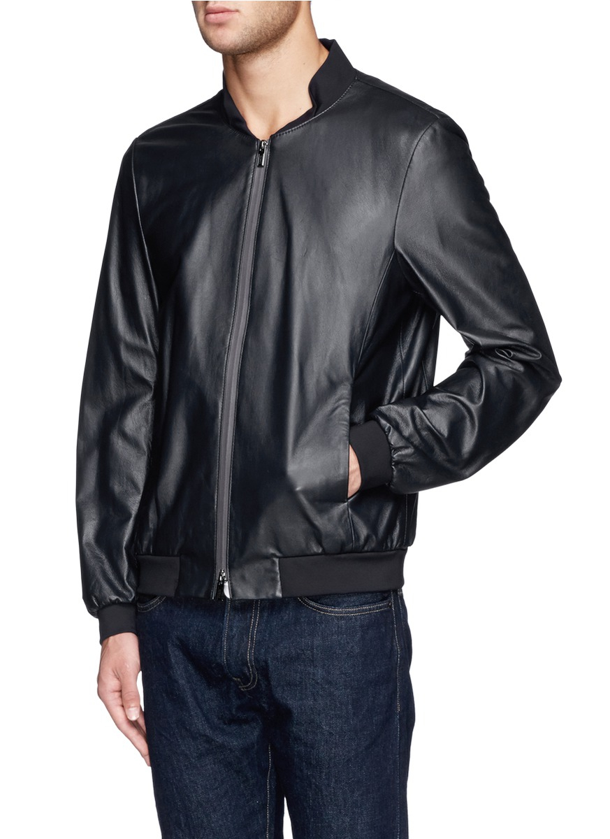 Armani Leather Bomber Jacket in Black for Men | Lyst