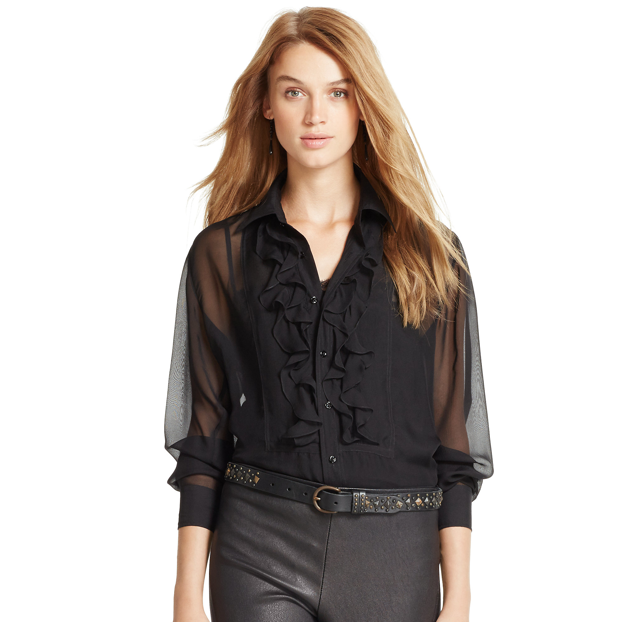 Polo ralph lauren Ruffled Silk Chiffon Blouse in Black | Lyst