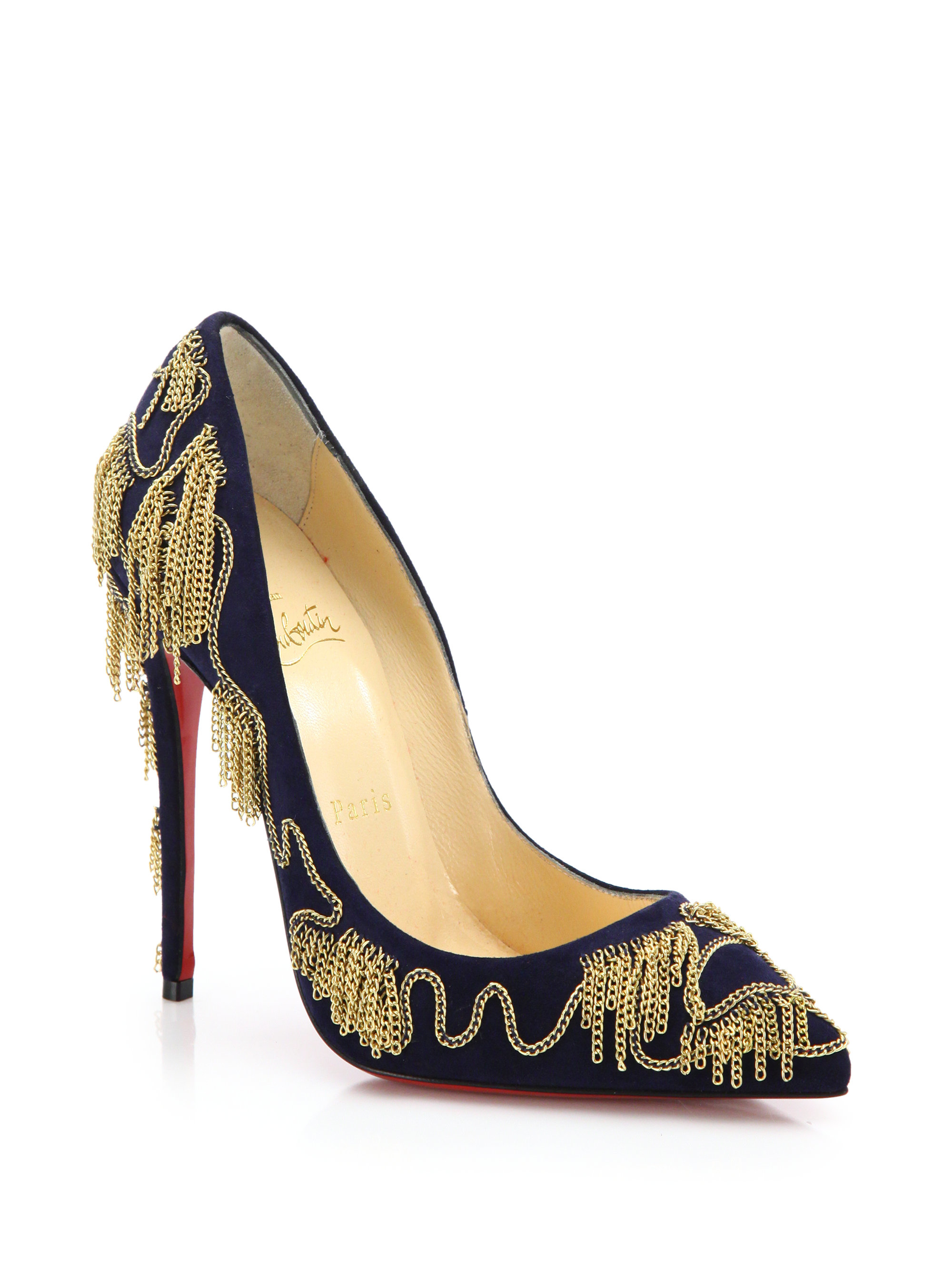 Christian louboutin Dollyparty Chain-Embellished Suede Pumps in ...