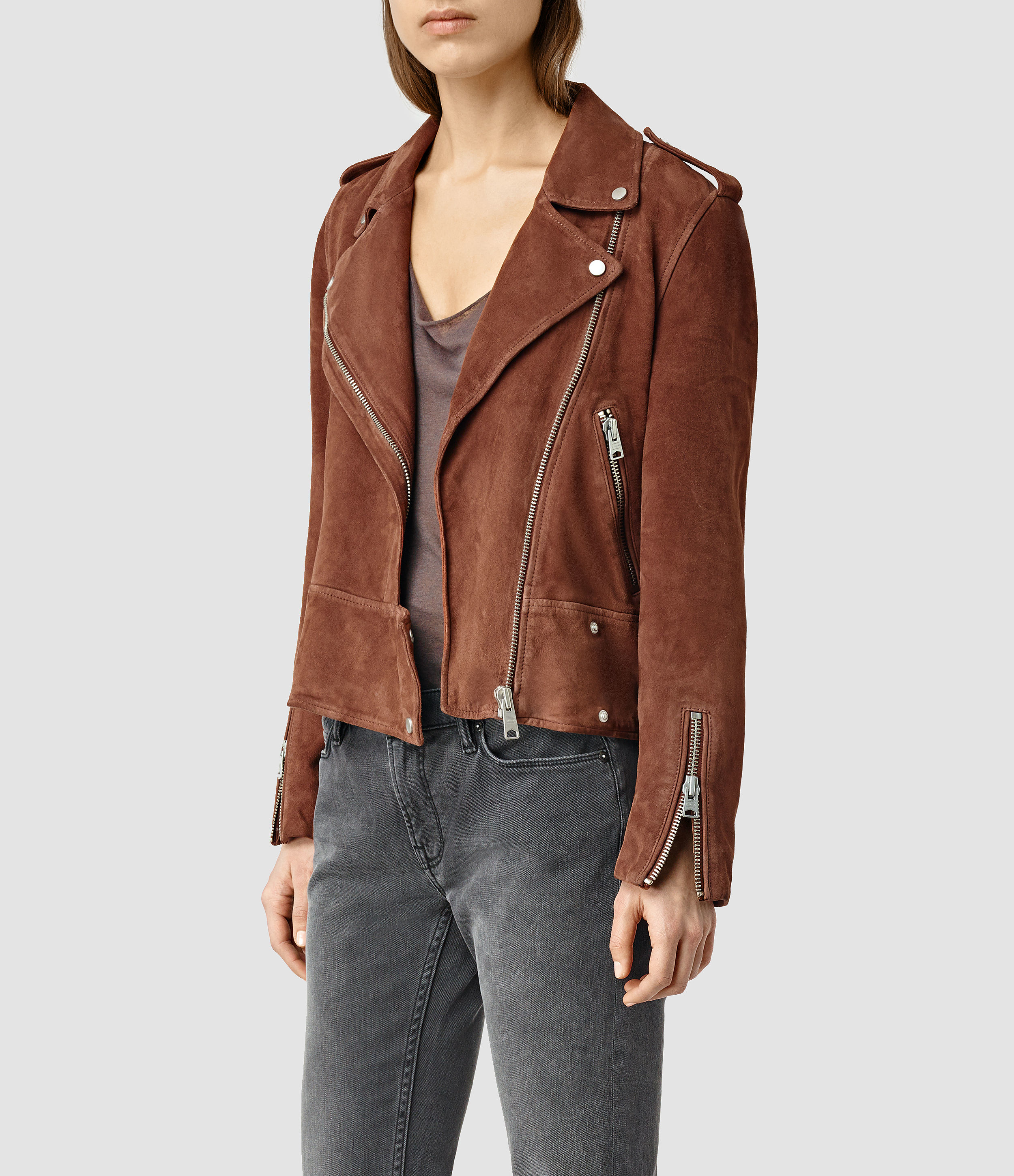 Allsaints Holme Suede Biker Jacket Usa In Brown Lyst Gallery Women S Cropped Leather Jackets Biker