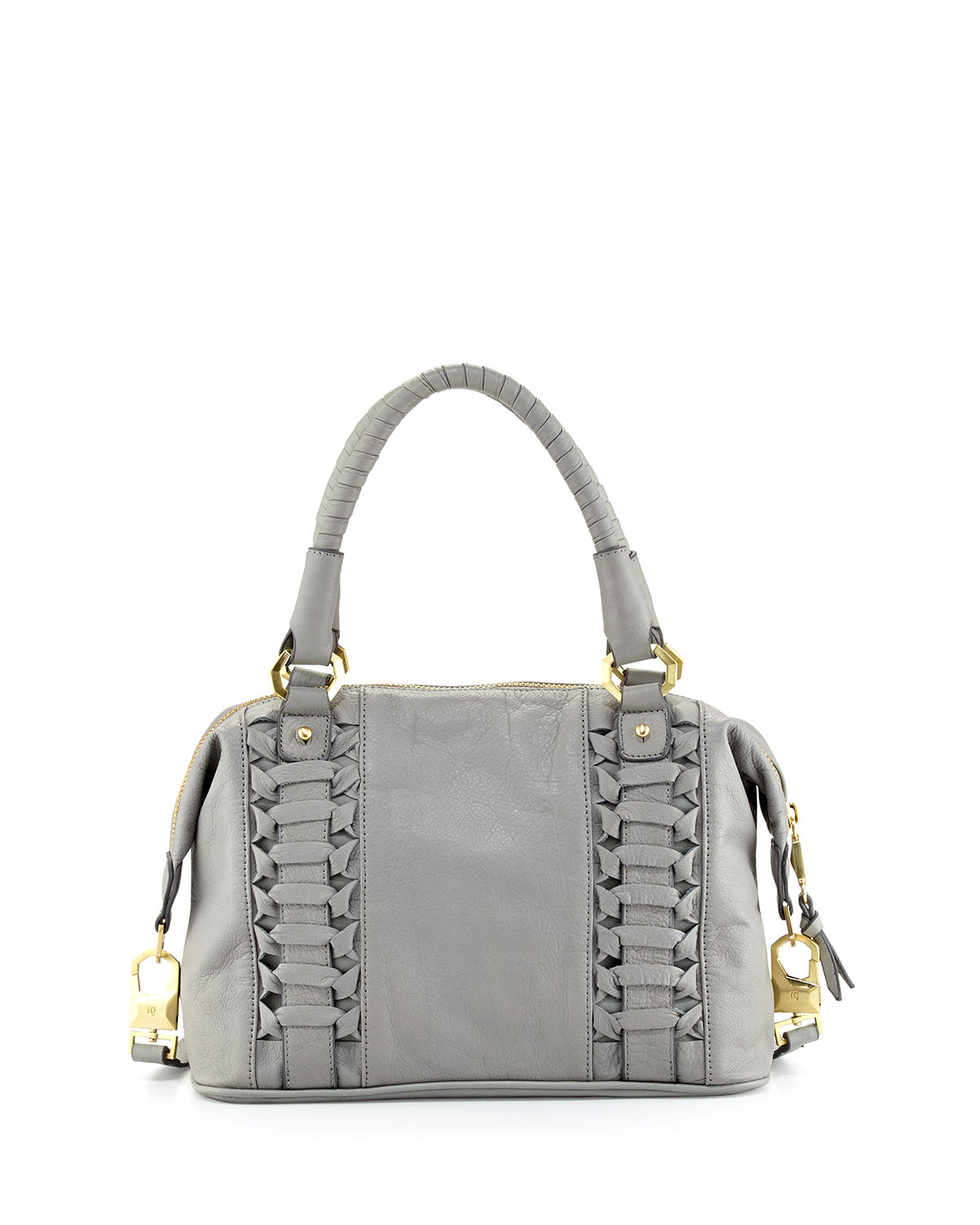 Romy Gold Pebble Leather Woven Satchel in Gray (CEMENT)