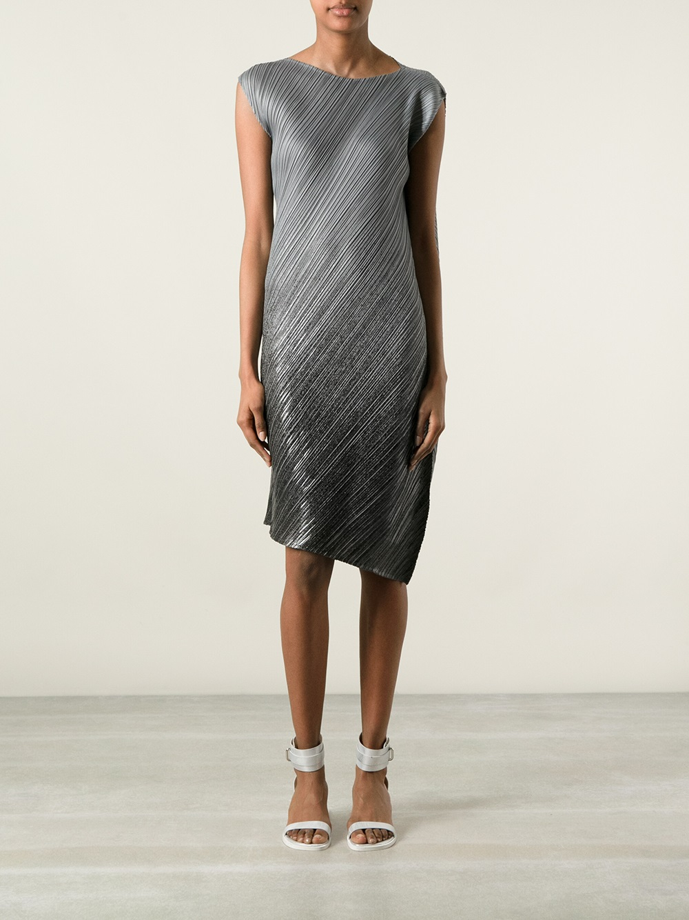 Pleats Please Issey Miyake Asymmetric Pleated Dress in Grey (Metallic ...