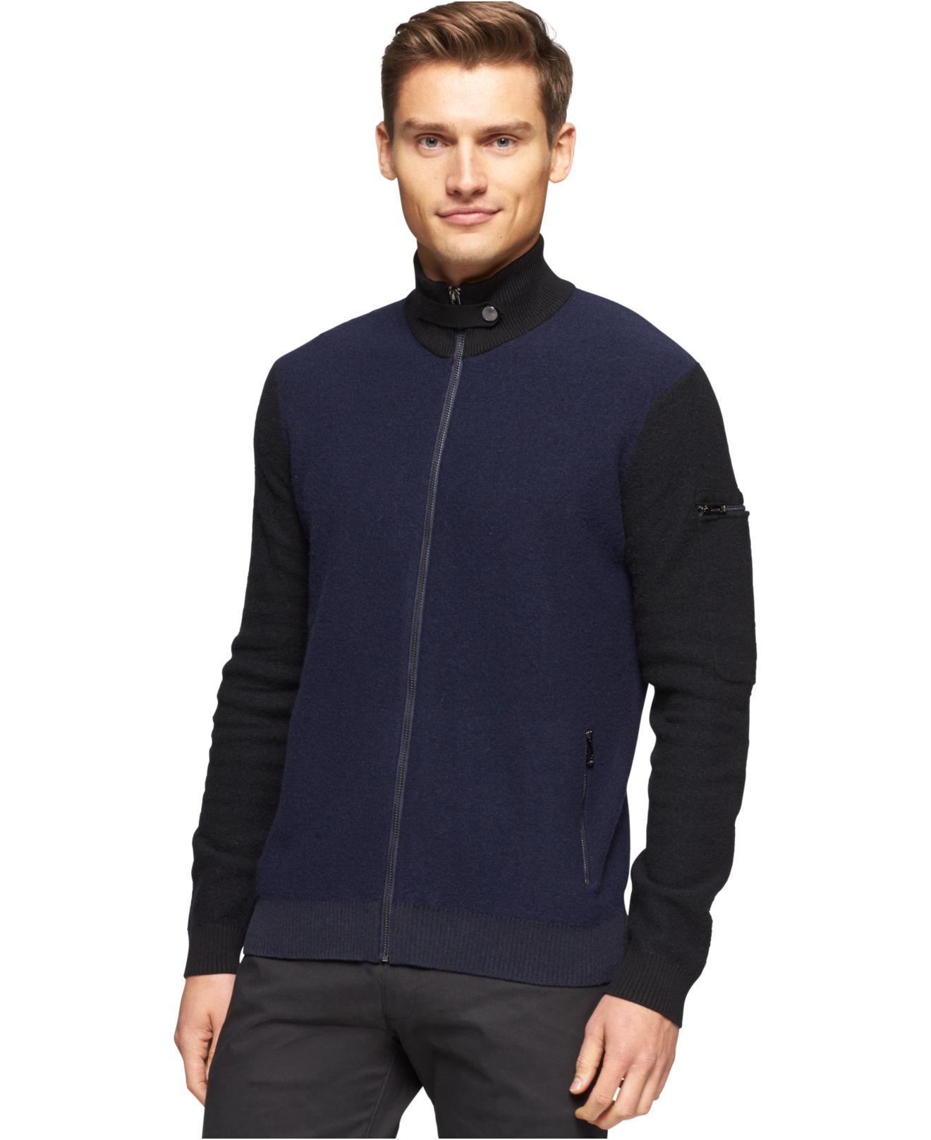 Calvin klein Ck Premium Boiled Wool Colorblocked Full-Zip Sweater in ...