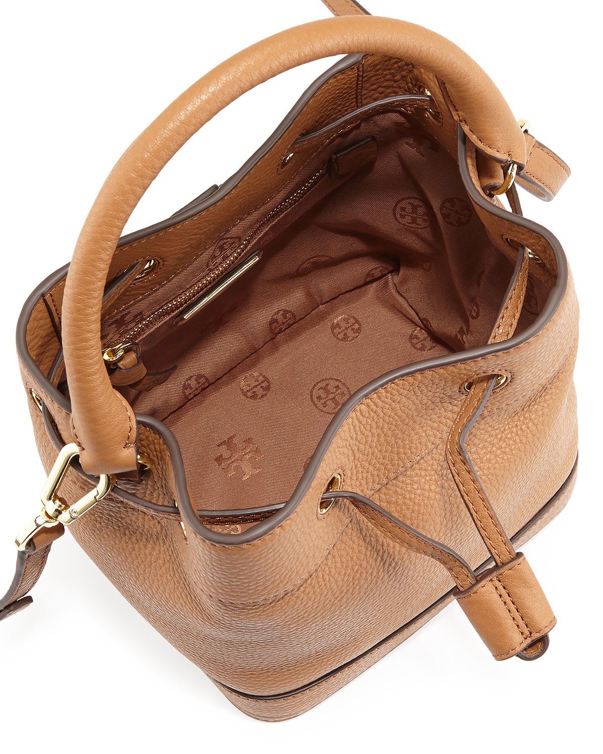 Tory burch Robinson Mini Pebbled Bucket Bag in Brown | Lyst