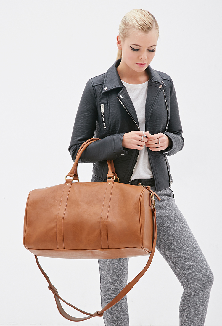 Lyst Forever 21 Faux Leather Duffle Bag In Brown Gallery