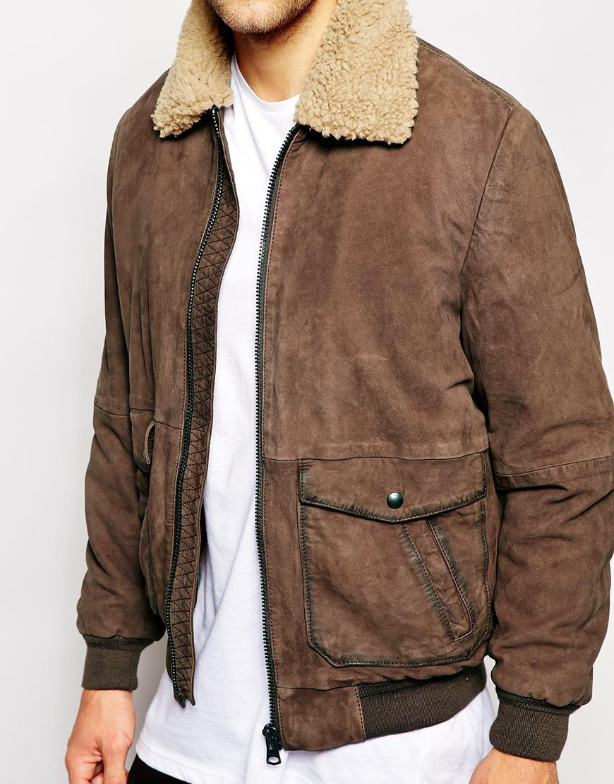 Lyst - Wrangler Leather Bomber Jacket Sherpa Collar in Brown for Men