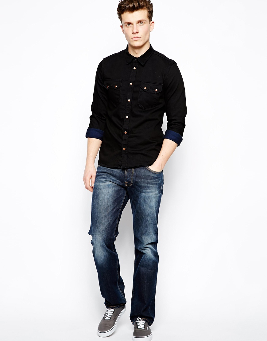 black denim shirt with blue jeans