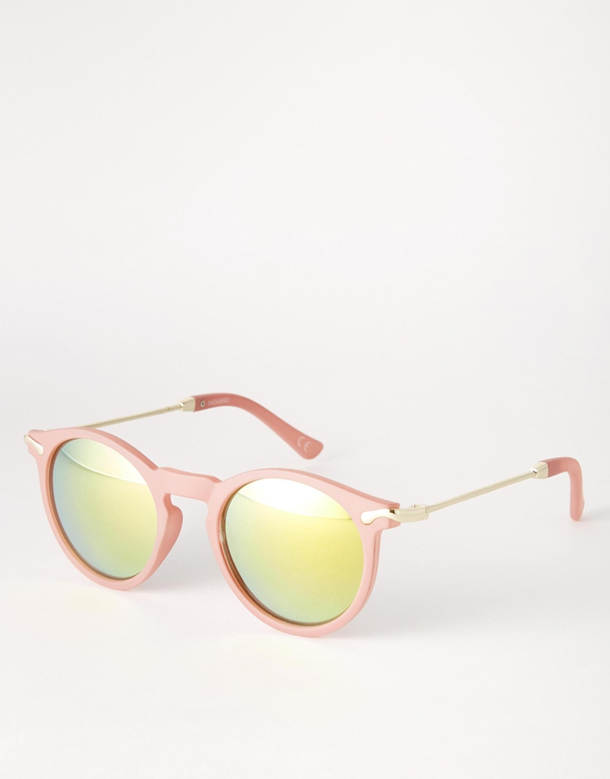 Asos Skinny Round Sunglasses With Metal Arms And Flash Lens In Pink Lyst 9079