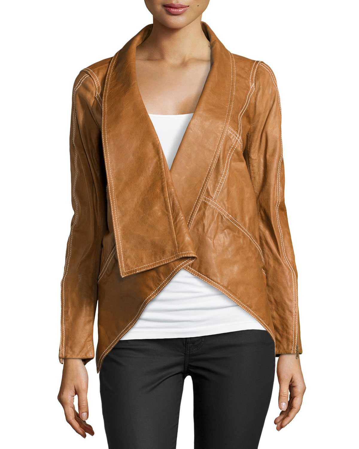 Donna Karan Leather Jacket With Stretch Jersey Inset In Brown Lyst Gallery